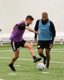 Diego Fagundez (14), Andrew Farrell (2) during New England Revolution first 2020 Training Session at the Field House Gillette Stadium in Foxboro, MA on Monday, January 20, 2020. CREDIT/ CHRIS ADUAMA.