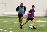 Diego Fagundez (14), Andrew Farrell (2) during New England Revolution first 2020 Training Session at the Field House Gillette Stadium in Foxboro, MA on Monday, January 20, 2020. CREDIT/ CHRIS ADUAMA.