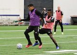 Gustavo Bou (7), Luis Caicedo (27) during New England Revolution first 2020 Training Session at the Field House Gillette Stadium in Foxboro, MA on Monday, January 20, 2020. CREDIT/ CHRIS ADUAMA.