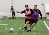 Kelyn Rowe (11), Scott Caldwell (6) during New England Revolution first 2020 Training Session at the Field House Gillette Stadium in Foxboro, MA on Monday, January 20, 2020. CREDIT/ CHRIS ADUAMA.