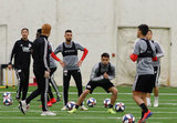 Gabriel Somi (91), Diego Fagundez (14) during New England Revolution pre-season training in Empower Field House at Gillette Stadium in Foxboro, MA on Monday, February 11, 2019. CREDIT/ CHRIS ADUAMA