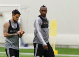 Diego Fagundez (14) and Juan Fernando Caicedo (9) during New England Revolution pre-season training in Empower Field House at Gillette Stadium in Foxboro, MA on Monday, February 11, 2019. CREDIT/ CHRIS ADUAMA