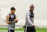 Diego Fagundez (14) and Juan Fernando Caicedo (9) during New England Revolution pre-season training in Empower Field House at Gillette Stadium in Foxboro, MA on Monday, February 11, 2019. CREDIT/ CHRIS ADUAMA