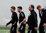Scott Caldwell, Kelyn Rowe (11), Head Coach Bruce Arena, Adam Buksa during New England Revolution 2020 Pre-Season Training Session at the Field House- Gillette Stadium in Foxboro, MA on Friday, January 31, 2020. CREDIT/ CHRIS ADUAMA.