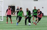Gustavo Bou (7), Diego Fagundez (14), Andrew Farrell (2), Brandon Bye (15), Scott Caldwell (6) during New England Revolution 2020 Pre-Season Training Session at the Field House- Gillette Stadium in Foxboro, MA on Friday, January 31, 2020. CREDIT/ CHRIS ADUAMA.
