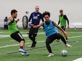 Diego Fagundez (14), Isaac Angking (5), Brad Knighton - GK during New England Revolution 2020 Pre-Season Training Session at the Field House- Gillette Stadium in Foxboro, MA on Friday, January 31, 2020. CREDIT/ CHRIS ADUAMA.