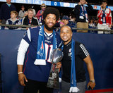N.E. Patriots Deatrich Wise Jr. (91) DL and Charlie Davies at New England Revolution and Atlanta United FC MLS match at Gillette Stadium in Foxboro, MA on Saturday, April 13, 2019. Atlanta United won 2-0. CREDIT/ CHRIS ADUAMA