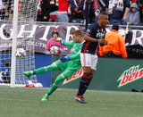 Tyler Deric (1) and Juan Agudelo (17) during New England Revolution and Houston Dynamo MLS match at Gillette Stadium in Foxboro, MA on Saturday, April 8, 2017.  Revs won 2-0 CREDIT/ CHRIS ADUAMA