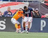 Andrew Farrell (2) and Mauro Manotas (19) during New England Revolution and Houston Dynamo MLS match at Gillette Stadium in Foxboro, MA on Saturday, April 8, 2017.  Revs won 2-0 CREDIT/ CHRIS ADUAMA