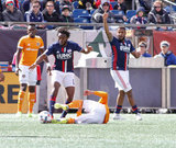Xavier Kouassi (12) and Andrew Farrell (2) during New England Revolution and Houston Dynamo MLS match at Gillette Stadium in Foxboro, MA on Saturday, April 8, 2017.  Revs won 2-0 CREDIT/ CHRIS ADUAMA