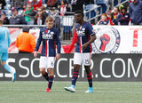 Scott Caldwell (6) and Je-Vaughn Watson (15) during New England Revolution and Houston Dynamo MLS match at Gillette Stadium in Foxboro, MA on Saturday, April 8, 2017.  Revs won 2-0 CREDIT/ CHRIS ADUAMA