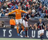 Dylan Remick (15)  and Juan Agudelo (17) during New England Revolution and Houston Dynamo MLS match at Gillette Stadium in Foxboro, MA on Saturday, April 8, 2017.  Revs won 2-0 CREDIT/ CHRIS ADUAMA