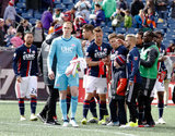 Cody Cropper (1) and team mates after New England Revolution and Houston Dynamo MLS match at Gillette Stadium in Foxboro, MA on Saturday, April 8, 2017.  Revs won 2-0 CREDIT/ CHRIS ADUAMA