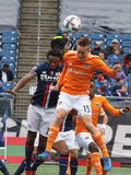 Xavier Kouassi (12), Dylan Remick (15) during New England Revolution and Houston Dynamo MLS match at Gillette Stadium in Foxboro, MA on Saturday, April 8, 2017.  Revs won 2-0 CREDIT/ CHRIS ADUAMA