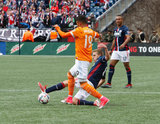 Scott Caldwell (6) and Mauro Manotas (19) during New England Revolution and Houston Dynamo MLS match at Gillette Stadium in Foxboro, MA on Saturday, April 8, 2017.  Revs won 2-0 CREDIT/ CHRIS ADUAMA