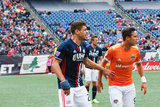 Josh Smith (27) and Erick Torres (9) during New England Revolution and Houston Dynamo MLS match at Gillette Stadium in Foxboro, MA on Saturday, April 8, 2017.  Revs won 2-0 CREDIT/ CHRIS ADUAMA