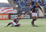 Josh Smith (27) and Juan Agudelo (17) during New England Revolution and Houston Dynamo MLS match at Gillette Stadium in Foxboro, MA on Saturday, April 8, 2017.  Revs won 2-0 CREDIT/ CHRIS ADUAMA