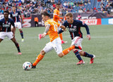 Vicente Sanchez (10) and Scott Caldwell (6) during New England Revolution and Houston Dynamo MLS match at Gillette Stadium in Foxboro, MA on Saturday, April 8, 2017.  Revs won 2-0 CREDIT/ CHRIS ADUAMA