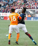 Je-Vaughn Watson (15) and Memo Rodriguez (18) during New England Revolution and Houston Dynamo MLS match at Gillette Stadium in Foxboro, MA on Saturday, April 8, 2017.  Revs won 2-0 CREDIT/ CHRIS ADUAMA
