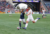 Luis Caicedo (27), Forrest Lasso (3) during New England Revolution and FC Cincinnati MLS match at Gillette Stadium in Foxboro, MA on Sunday, March 24, 2019. The match ended in 2-0 win for FC Cincinnati. CREDIT/ CHRIS ADUAMA