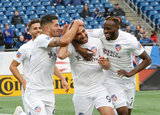 Kenny Saief (93) celebrates goal with team mates during New England Revolution and FC Cincinnati MLS match at Gillette Stadium in Foxboro, MA on Sunday, March 24, 2019. The match ended in 2-0 win for FC Cincinnati. CREDIT/ CHRIS ADUAMA