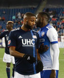 Roland Lamah (20), Andrew Farrell (2) during New England Revolution and FC Dallas MLS match at Gillette Stadium in Foxboro, MA on Saturday, April 14, 2018. Revs lost 0-1. CREDIT/ CHRIS ADUAMA