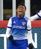 Jacori Hayes (15) goal celebration during New England Revolution and FC Dallas MLS match at Gillette Stadium in Foxboro, MA on Saturday, April 14, 2018. Revs lost 0-1. CREDIT/ CHRIS ADUAMA