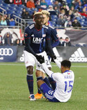 Wilfried Zahibo (23),Jacori Hayes (15) during New England Revolution and FC Dallas MLS match at Gillette Stadium in Foxboro, MA on Saturday, April 14, 2018. Revs lost 0-1. CREDIT/ CHRIS ADUAMA