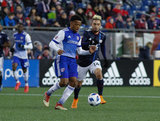 Diego Fagundez (14) Jacori Hayes (15) during New England Revolution and FC Dallas MLS match at Gillette Stadium in Foxboro, MA on Saturday, April 14, 2018. Revs lost 0-1. CREDIT/ CHRIS ADUAMA