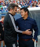 Curt Onalfo, Coach Wilmer Cabrera during New England Revolution and Houston Dynamo MLS match at Gillette Stadium in Foxboro, MA on Saturday, June 29, 2019.  Revs won 2-1. CREDIT/CHRIS ADUAMA