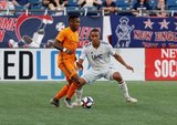 Romell Quioto (31), Brandon Bye (15) during New England Revolution and Houston Dynamo MLS match at Gillette Stadium in Foxboro, MA on Saturday, June 29, 2019.  Revs won 2-1. CREDIT/CHRIS ADUAMA