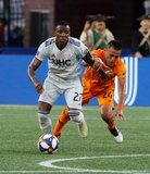 Luis Caicedo (27), Darwin Ceren (24) during New England Revolution and Houston Dynamo MLS match at Gillette Stadium in Foxboro, MA on Saturday, June 29, 2019.  Revs won 2-1. CREDIT/CHRIS ADUAMA
