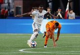 Luis Caicedo (27), Darwin Ceren (24) during New England Revolution and Houston Dynamo MLS match at Gillette Stadium in Foxboro, MA on Saturday, June 29, 2019.  Revs won 2-1. CREDIT/CHRIS ADUAMA
