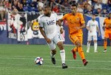 Andrew Farrell (2), Mauro Manotas (9) during New England Revolution and Houston Dynamo MLS match at Gillette Stadium in Foxboro, MA on Saturday, June 29, 2019.  Revs won 2-1. CREDIT/CHRIS ADUAMA