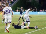 Luis Caicedo (27), Sabastian Mendez (8) during New England Revolution and Orlando City SC MLS match at Gillette Stadium in Foxboro, MA on Saturday, July 27, 2019.  Revs won 4-1. CREDIT/CHRIS ADUAMA