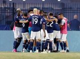 Cristian Penilla (70) celebrates goal with team mates during New England Revolution and Orlando City SC MLS match at Gillette Stadium in Foxboro, MA on Saturday, July 27, 2019.  Revs won 4-1. CREDIT/CHRIS ADUAMA