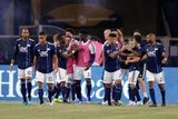 Carles Gil (22) celebrates goal with team mates during New England Revolution and Orlando City SC MLS match at Gillette Stadium in Foxboro, MA on Saturday, July 27, 2019.  Revs won 4-1. CREDIT/CHRIS ADUAMA