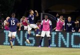 Diego Fagundez (14) celebrates goal with team mates during New England Revolution and Orlando City SC MLS match at Gillette Stadium in Foxboro, MA on Saturday, July 27, 2019.  Revs won 4-1. CREDIT/CHRIS ADUAMA