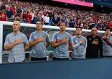 Coach Bruce Arena, Ante Razov, Kenny Arena, Goalkeeper coach Zak Abdel during New England Revolution and Los Angeles Football Club MLS match at Gillette Stadium in Foxboro, MA on Saturday, August 3, 2019. LAFC won 2-0. CREDIT/CHRIS ADUAMA