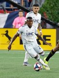 Luis Caicedo (27), Mark-Anthony Kaye (14) during New England Revolution and Los Angeles Football Club MLS match at Gillette Stadium in Foxboro, MA on Saturday, August 3, 2019. LAFC won 2-0. CREDIT/CHRIS ADUAMA