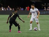 Latif Blessing (7), Carles Gil (22) during New England Revolution and Los Angeles Football Club MLS match at Gillette Stadium in Foxboro, MA on Saturday, August 3, 2019. LAFC won 2-0. CREDIT/CHRIS ADUAMA