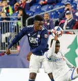 Jalil Anibaba (3), Clement Bayiha (27) during New England Revolution and Montreal Impact MLS match at Gillette Stadium in Foxboro, MA on Wednesday, April 24, 2019. Montreal beat Revs 3-0. CREDIT/ CHRIS ADUAMA