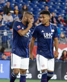 Andrew Farrell (2), Juan Agudelo (17) during New England Revolution and Montreal Impact MLS match at Gillette Stadium in Foxboro, MA on Wednesday, April 24, 2019. Montreal beat Revs 3-0. CREDIT/ CHRIS ADUAMA