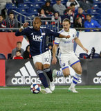 Teal Bunbury (10), Samuel Piette (6) during New England Revolution and Montreal Impact MLS match at Gillette Stadium in Foxboro, MA on Wednesday, April 24, 2019. Montreal beat Revs 3-0. CREDIT/ CHRIS ADUAMA