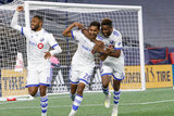 Shamit Shome (28) celebrates goal with teammates during New England Revolution and Montreal Impact MLS match at Gillete Stadium in Foxboro, MA on Wednesday, April 24, 2019. Montreal beat Revs 3-0. CREDIT/ CHRIS ADUAMA