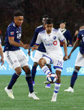 Juan Agudelo (17), Shamit Shome (28) during New England Revolution and Montreal Impact MLS match at Gillette Stadium in Foxboro, MA on Wednesday, April 24, 2019. Montreal beat Revs 3-0. CREDIT/ CHRIS ADUAMA