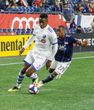 Zakaria Diallo (5), Luis Caicedo (27) during New England Revolution and Montreal Impact MLS match at Gillette Stadium in Foxboro, MA on Wednesday, April 24, 2019. Montreal beat Revs 3-0. CREDIT/ CHRIS ADUAMA