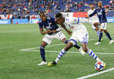 Zakaria Diallo (5), Luis Caicedo (27) during New England Revolution and Montreal Impact MLS match at Gillette Stadium in Foxboro, MA on Wednesday, April 24, 2019. Montreal beat Revs 3-0. CREDIT/ CHRIS ADUAMA