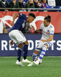 Juan Agudelo (17), Maximiliano Urruti (37) during New England Revolution and Montreal Impact MLS match at Gillette Stadium in Foxboro, MA on Wednesday, April 24, 2019. Montreal beat Revs 3-0. CREDIT/ CHRIS ADUAMA