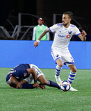 Andrew Farrell (2), Maximiliano Urruti (37) during New England Revolution and Montreal Impact MLS match at Gillette Stadium in Foxboro, MA on Wednesday, April 24, 2019. Montreal beat Revs 3-0. CREDIT/ CHRIS ADUAMA